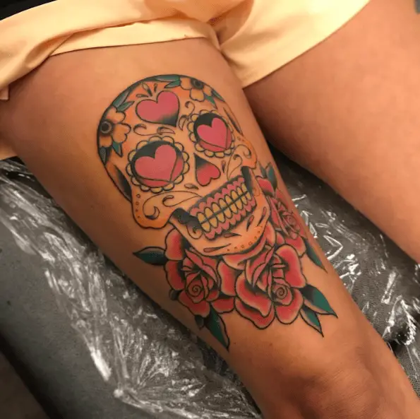Colored Sugar Skull Thigh Tattoo