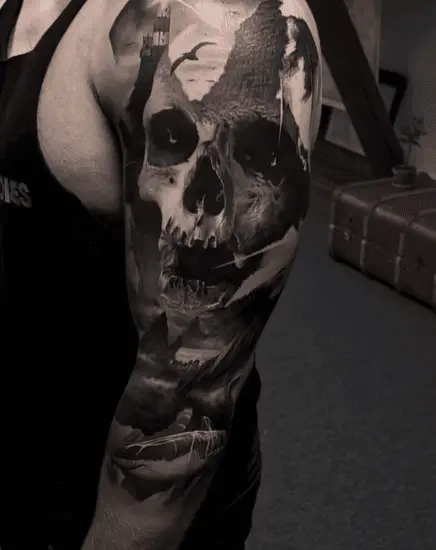 Dark Themed Skull with Whale Full Sleeve Tattoo