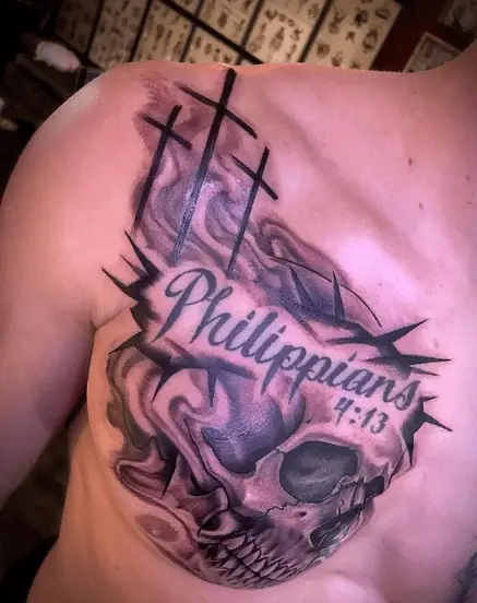 Skull with Cross and Bible Verse Chest Tattoo