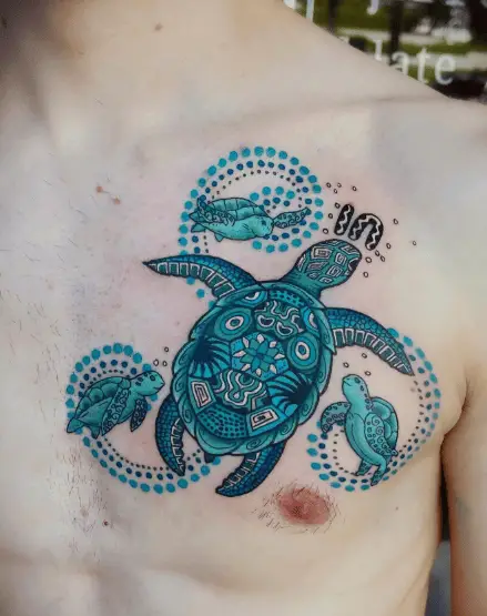 Turquoise Blue Mother Turtle and Baby Turtles Chest Tattoo