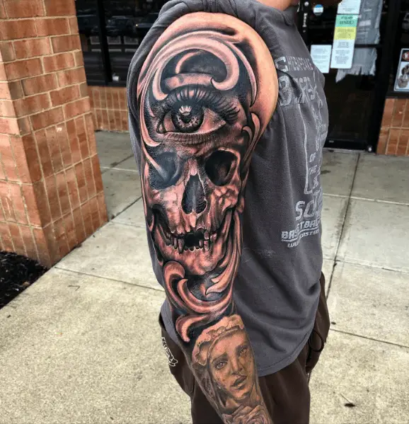 Skull with Eye Full Arm Tattoo
