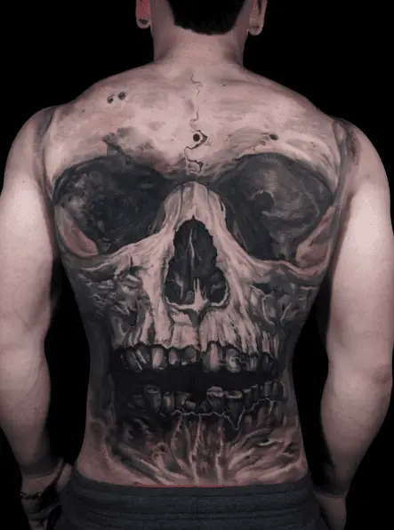 Greyscale Skull Full Back Tattoo Piece