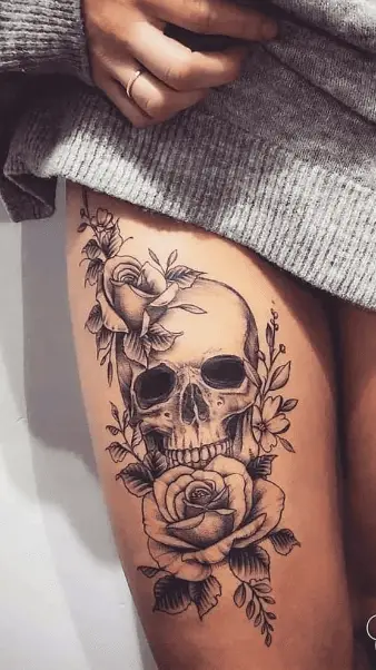 Floral Skull Head Thigh Tattoo