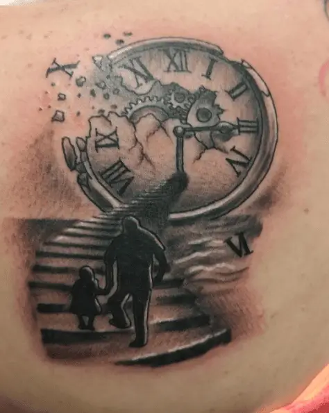 Greyscale Father and Child with Clock Memorial Tattoo