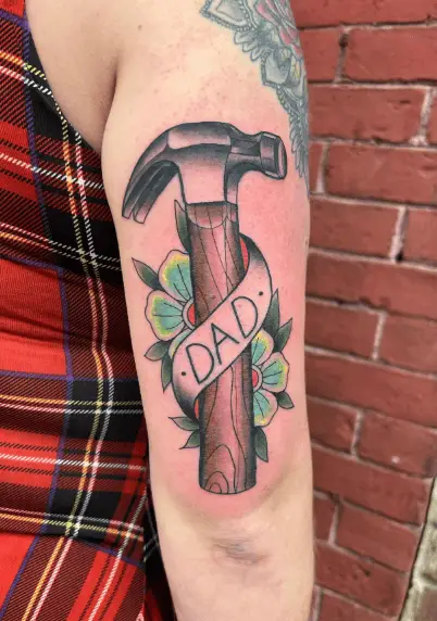 Hammer with Florals Dad Memorial Arm Tattoo