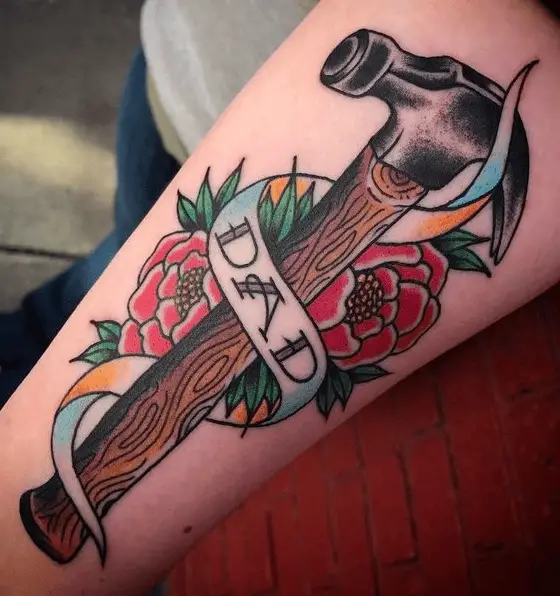 Hammer and Flowers Dad Traditional Memorial Tattoo