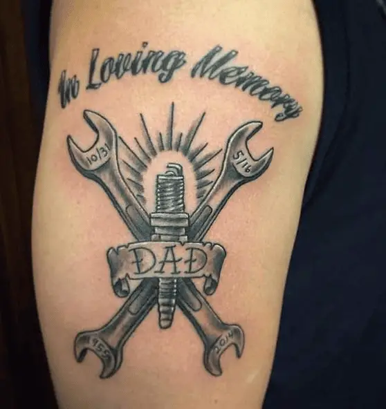 Spanner with Spark Plug Dad Memorial Tattoo