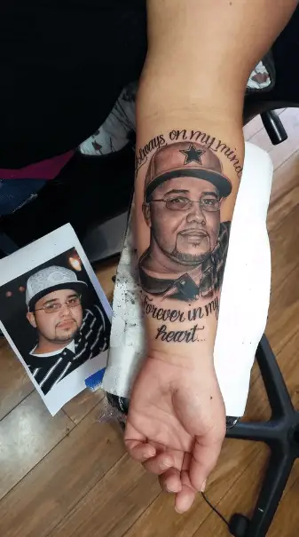 Father Portrait with Lettering Forearm Memorial Tattoo 