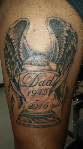 Dad Memorial Crying Angel Thigh Tattoo