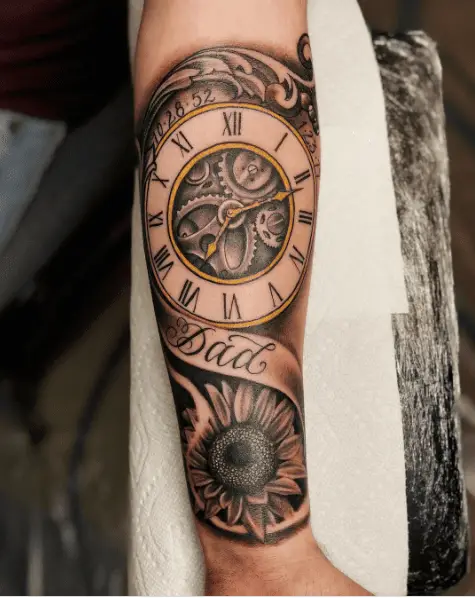 Clock and Sunflower Dad Memorial Tattoo