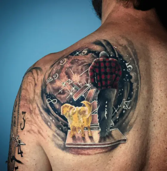 Father and Dog Memorial Colored Back Tattoo