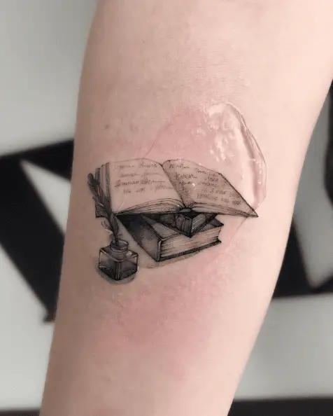 Mini Realistic Books with Ink and Quill Tattoo