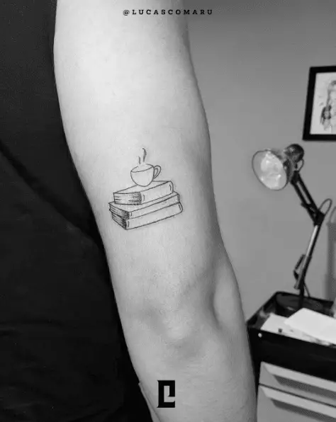 Book Stacks and Hot Coffee Mug Arm Tattoo