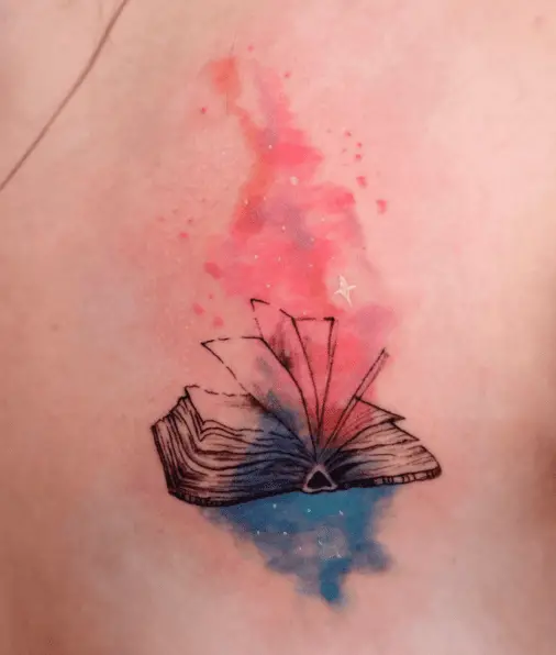 Wide Open Old Book with Watercolor Splash Tattoo