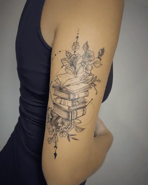 Florals Book Stack Arm Tattoo