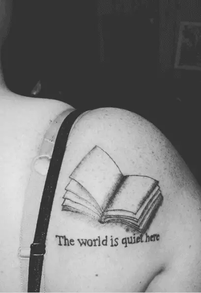 Shaded Open Book with Quote Shoulder Tattoo