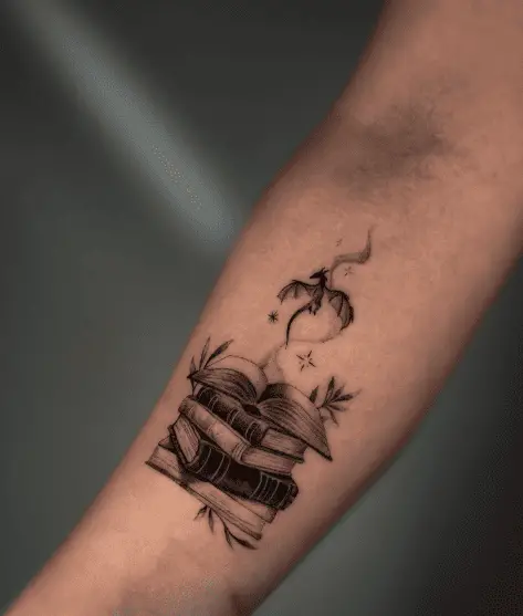 Angel Dragon, Leaves with Stack of Books Tattoo