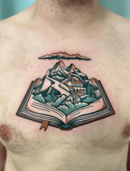 Book and Castle Combined Chest Tattoo