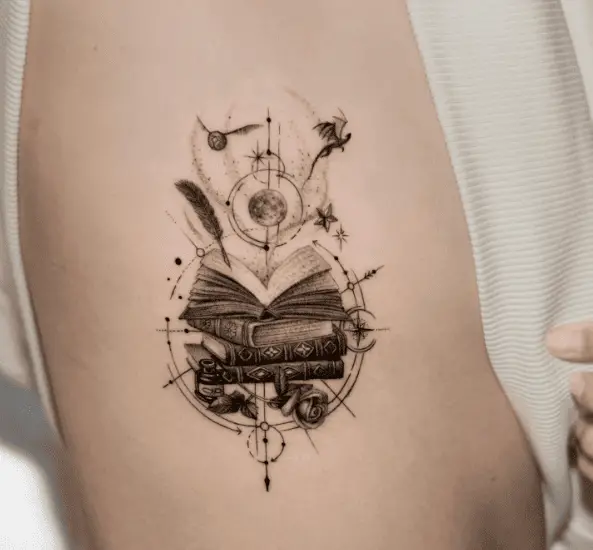 Books with Geometrical Shapes and Magical Elements Tattoo 