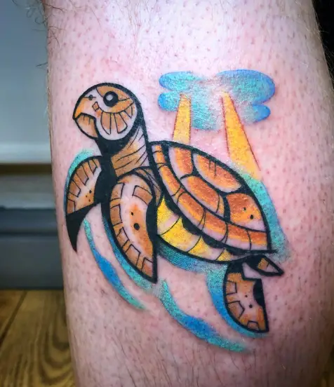 Colored Cartoon Style Sea Turtle Tattoo