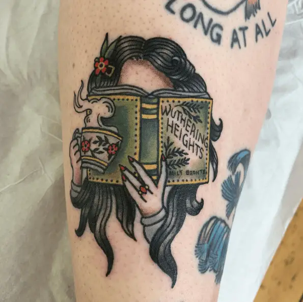 Woman with a Book and Teacup Tattoo Piece