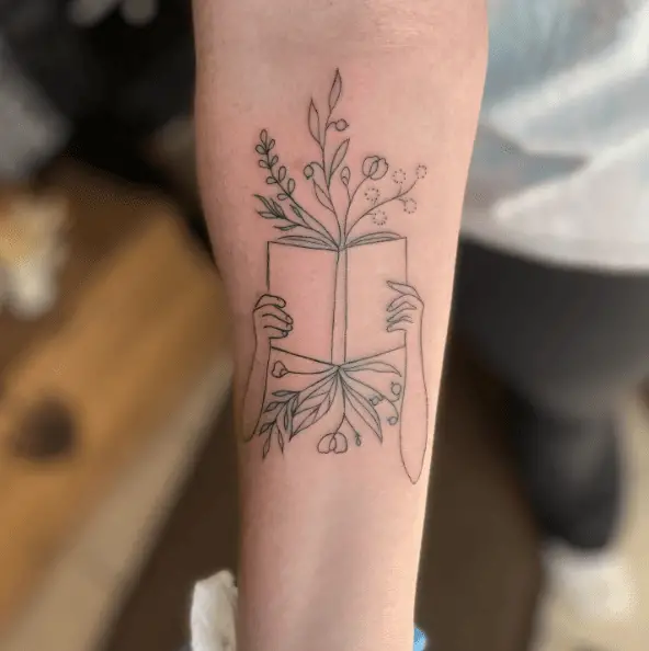 Hands on Floral Book Fine Line Tattoo