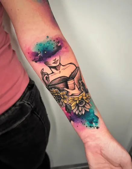 Woman Reading a Book with Flowers and Color Splash Forearm Tattoo