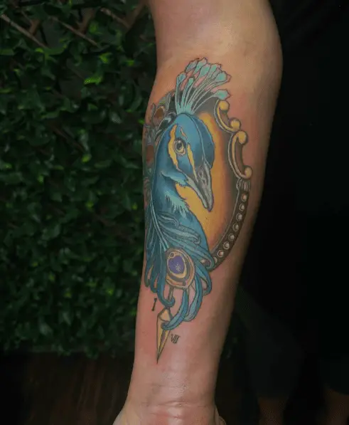 Colored Peacock Head Forearm Tattoo