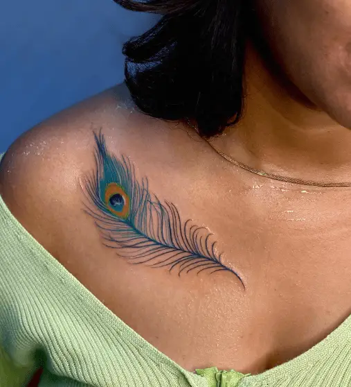 Turquoise Blue Peacock Feather Collarbone Tattoo