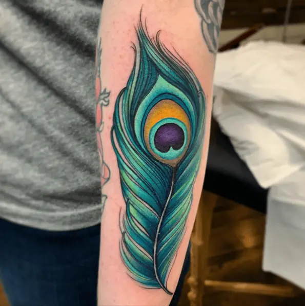 Vibrant Blue and Green Peacock Feather Watercolor Tattoo