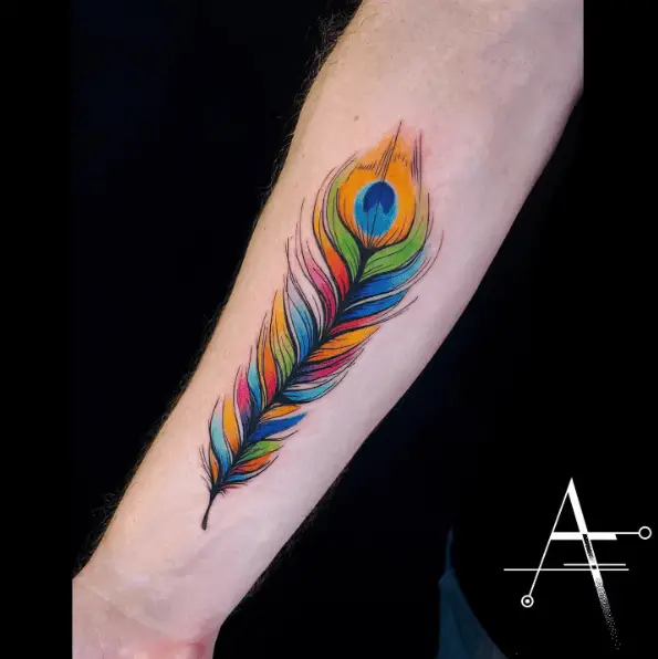 Contrasting Colors Peacock Feather Tattoo