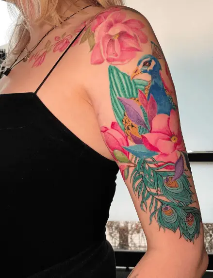Peacock Head, Feather and Pink Florals Arm Tattoo
