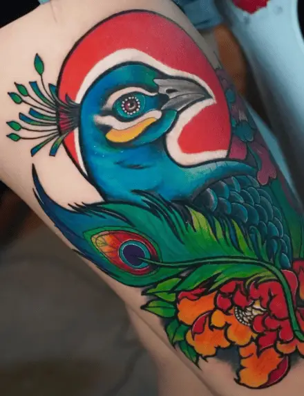 Bright Colored Peacock Head, Feather with Florals Thigh Tattoo