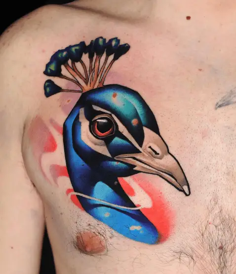 Vibrant Blue Peacock Head Chest Tattoo