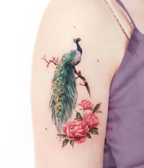 Peacock and Peony Arm Tattoo