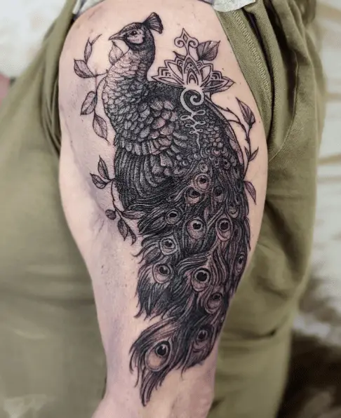 Dark Grey Peacock with Floral Arm Tattoo