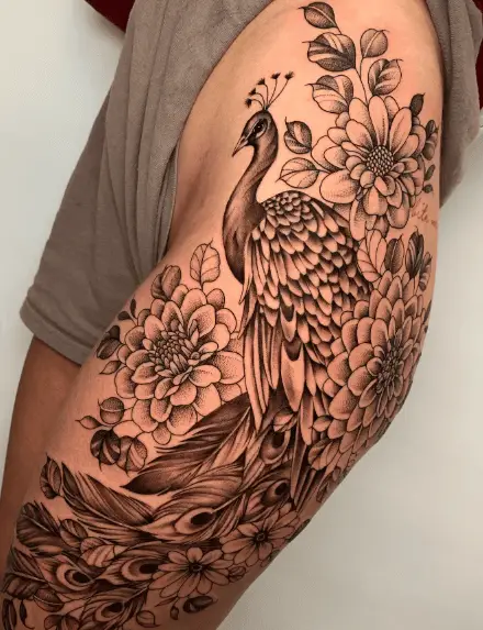 Peacock with Bunch of Florals Thigh Tattoo