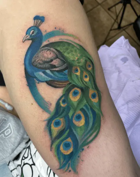 Blue and Green Peacock Watercolor Tattoo