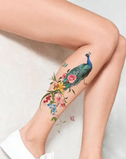 Realistic and Colorful Peacock with Florals Leg Tattoo
