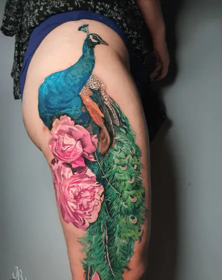 Blue and Green Peacock and Pink Flowers Thigh Tattoo