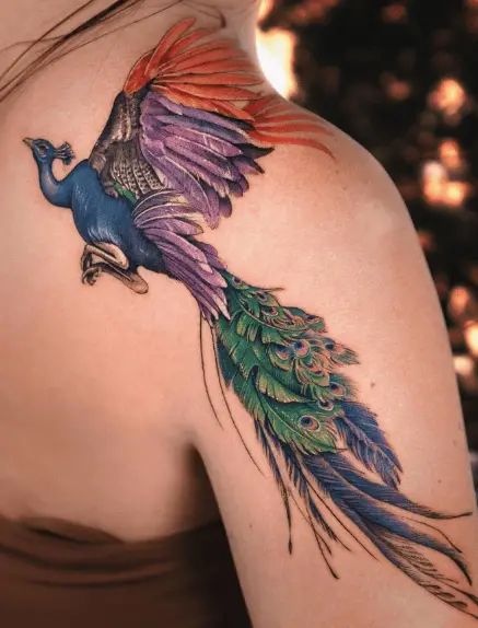 Vibrant Colors Leaping Peacock Shoulder Tattoo