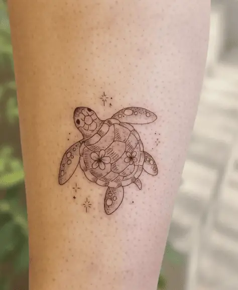 Floral Sea Turtle with Sparks Tattoo