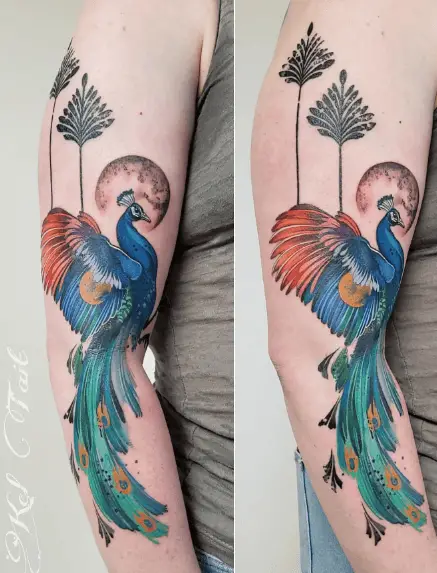 Paint Stroke Style Multicolored Peacock Tattoo