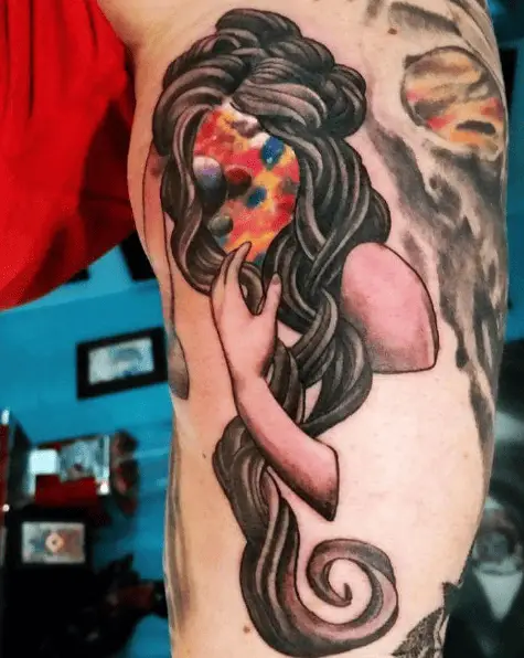 Long Hair Woman and Space Art Tricep Tattoo