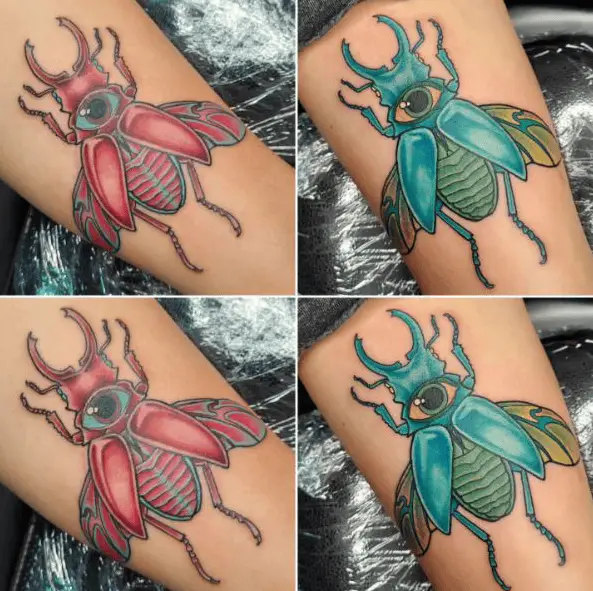 Blue and Red Identical Beetles Tattoo