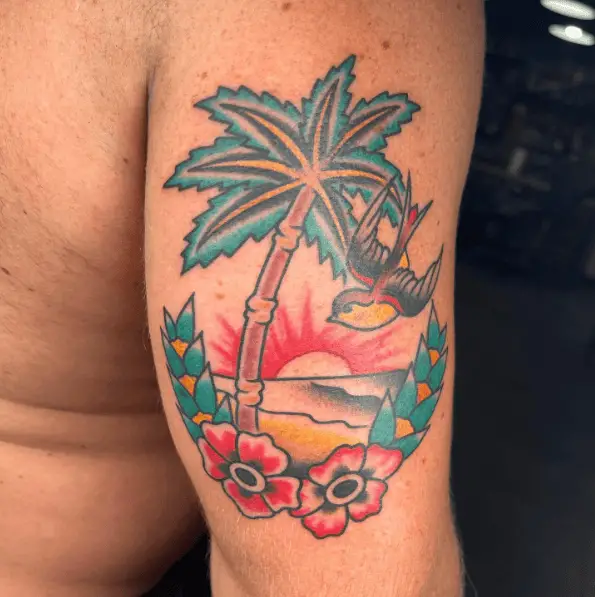 Tropical Beach Scene Tricep Tattoo