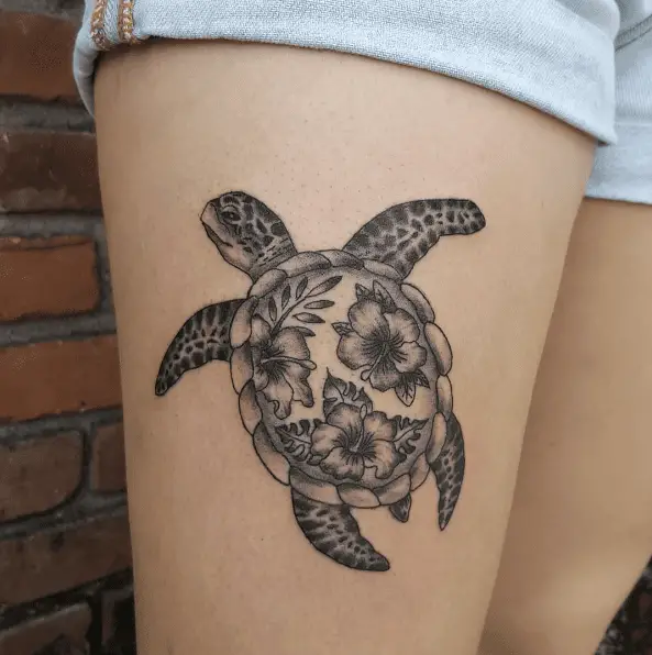 Sea Turtle with Hibiscus Thigh Tattoo