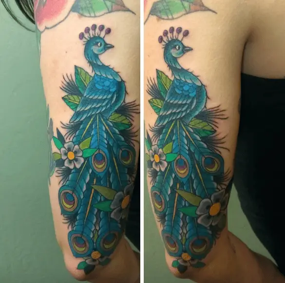 Blue Peacock Tricep Tattoo