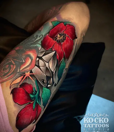 Diamond and Red Flowers Tricep Tattoo