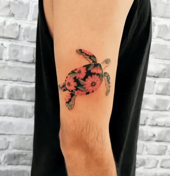 Sea Turtle with African Pink Daisies Tattoo